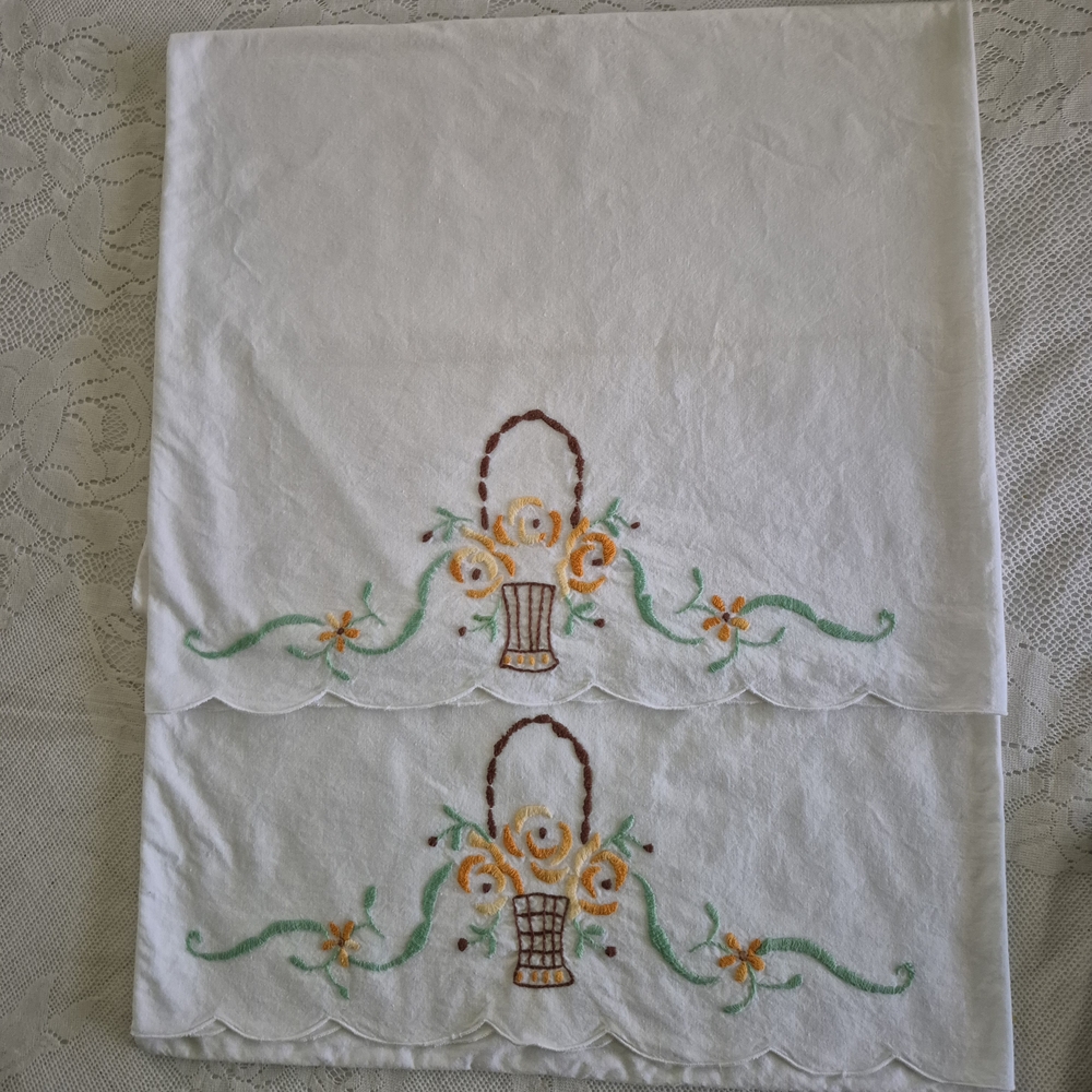 Handmade Vintage Embroidered White Pillowcases with Floral Design